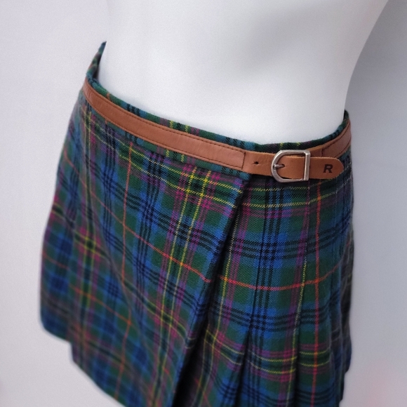 Ralph Lauren Skirt • 90s Wool Plaid • Wrap Mini • Leather Belt • Vtg Pleated - Picture 4 of 4